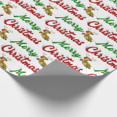 Merry Kerstmis Flying Reindeer Red script Cadeaupapier (Hoek)