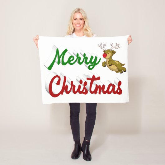 Merry Kerstmis Flying Reindeer Red script Fleece Deken (In situ)