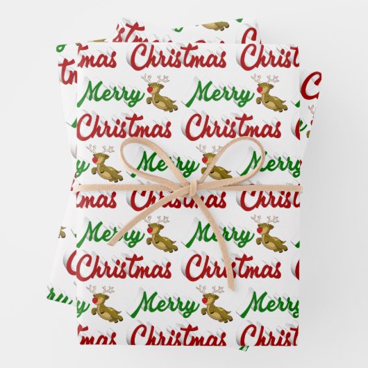 Merry Kerstmis Flying Reindeer Red script Inpakpapier Vel (In situ)