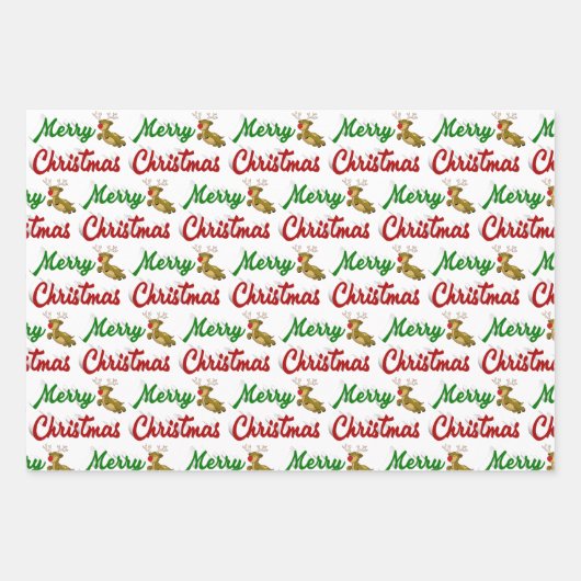 Merry Kerstmis Flying Reindeer Red script Inpakpapier Vel (Voorkant)
