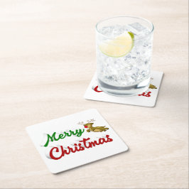 Merry Kerstmis Flying Reindeer Red script Kartonnen Onderzetters