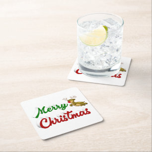Merry Kerstmis Flying Reindeer Red script Kartonnen Onderzetters