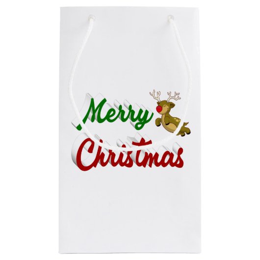 Merry Kerstmis Flying Reindeer Red script Klein Cadeauzakje (Achterkant)