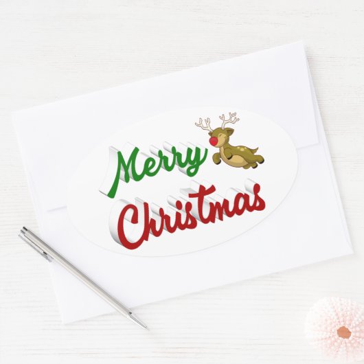 Merry Kerstmis Flying Reindeer Red script Ovale Sticker (Envelop)