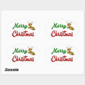 Merry Kerstmis Flying Reindeer Red script Ovale Sticker (Vel)