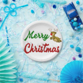 Merry Kerstmis Flying Reindeer Red script Papieren Bordje (Feest)