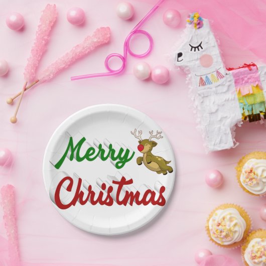 Merry Kerstmis Flying Reindeer Red script Papieren Bordje (Feest)