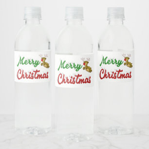 Merry Kerstmis Flying Reindeer Red script Waterfles Etiket