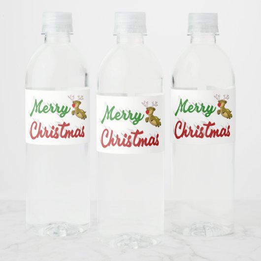 Merry Kerstmis Flying Reindeer Red script Waterfles Etiket (Flessen)