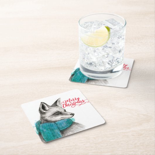 Merry Kerstmis Fox Drawing Kartonnen Onderzetters (Insitu)