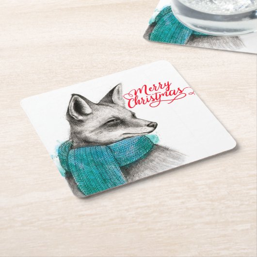 Merry Kerstmis Fox Drawing Kartonnen Onderzetters (Schuin)