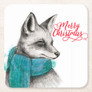 Merry Kerstmis Fox Drawing Kartonnen Onderzetters