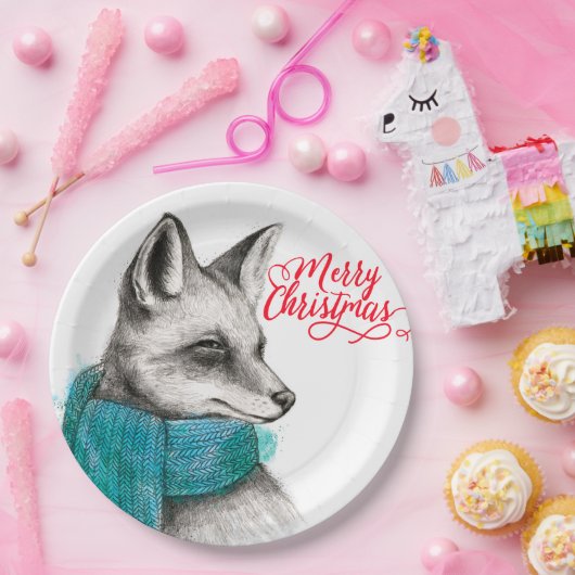 Merry Kerstmis Fox Drawing Papieren Bordje (Feest)