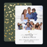 Merry Kerstmis Fun Chic Gold Heart Foto Collage Feestdagenkaart<br><div class="desc">Minimalistische familiefotoperatekaart in een modern scripttypografie-design. Vrolijk kerstfeest onder een geprint gouden hart met uw eigen boodschap en uw favoriete foto's die in een leuke, vrolijke fotocollage zijn omgevormd. Geniet van je geliefden met deze schattige, eenvoudige, trendy en onderschatte papiermachine. De achterkant is voorzien van afgedrukte gouden stippen op rijke...</div>