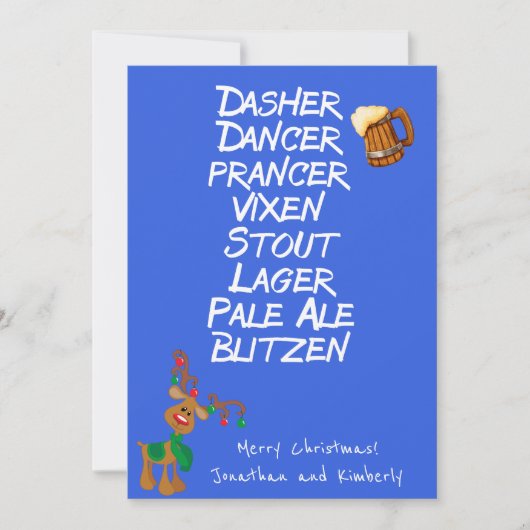 Merry Kerstmis Funny Reindeer Names Beer Feestdagenkaart (Voorkant)