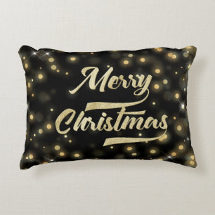 Merry Kerstmis Glitter Bokeh Gold Black Accent Kussen