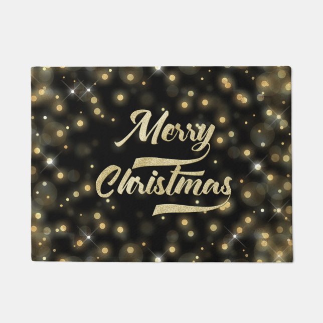 Merry Kerstmis Glitter Bokeh Gold Black Deurmat (Voorkant)