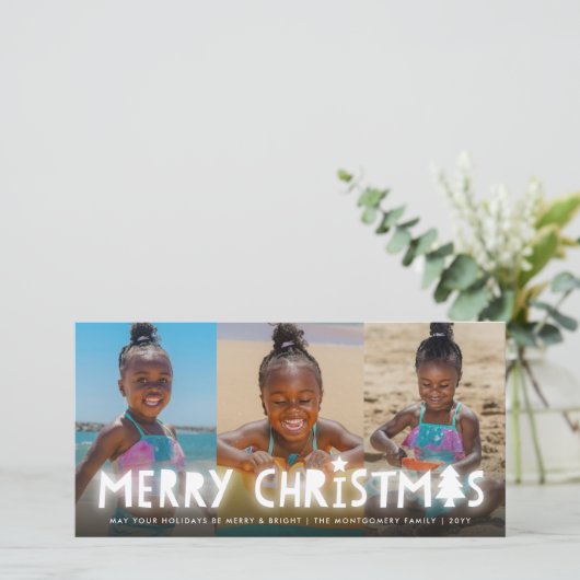 Merry Kerstmis Glow Whimsical Tree Moderne 3 Foto Feestdagenkaart (Staand voorkant)