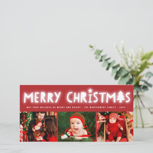 Merry Kerstmis Glow Whimsical Tree Moderne 3 Foto Feestdagenkaart (Staand voorkant)