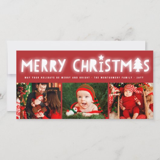 Merry Kerstmis Glow Whimsical Tree Moderne 3 Foto Feestdagenkaart (Voorkant)