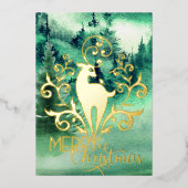 Merry Kerstmis Gold Deer Forest Foto Folie Feestdagenkaart (Voorkant)