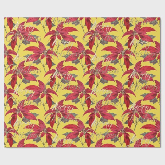 Merry Kerstmis Gold Glitter Script Floral Yellow Cadeaupapier (Vlak)