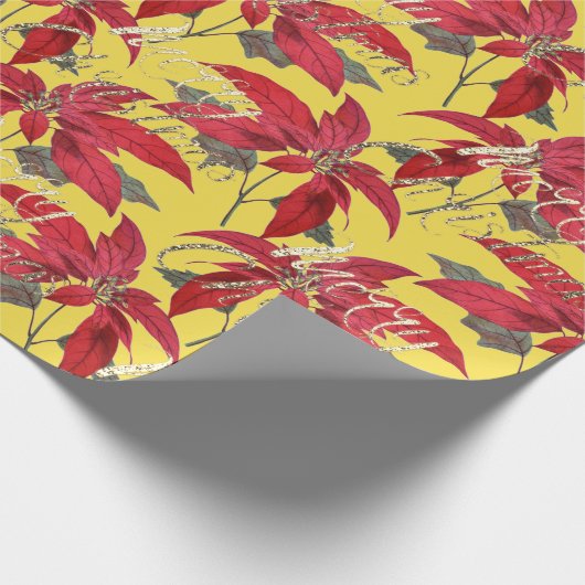 Merry Kerstmis Gold Glitter Script Floral Yellow Cadeaupapier (Hoek)