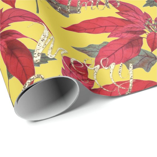 Merry Kerstmis Gold Glitter Script Floral Yellow Cadeaupapier (Rol Hoek)