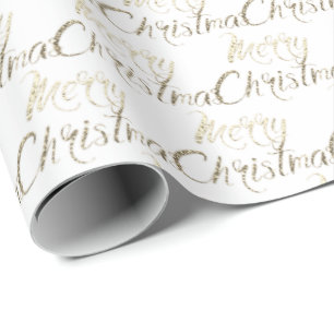 Merry Kerstmis Gold Glitter Script Ivory Creamy Cadeaupapier