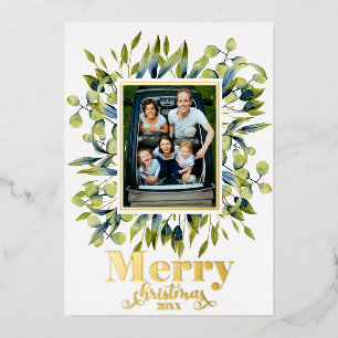 Merry Kerstmis Gold Green Blue Foliage Foto Folie Feestdagenkaart