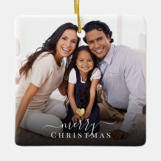 Merry Kerstmis Gold Heart Modern Script Photo Keramisch Ornament (Voorkant)