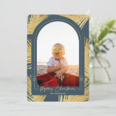 Merry Kerstmis Gold Palm Blue Beach foto Feestdagenkaart (Staand voorkant)