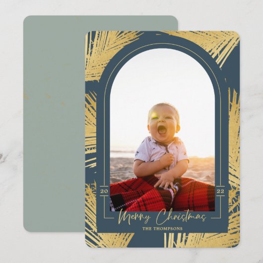 Merry Kerstmis Gold Palm Blue Beach foto Feestdagenkaart (Voorkant / Achterkant)