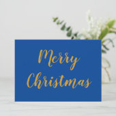 Merry Kerstmis Gold Script Blue Feestdagenkaart (Staand voorkant)