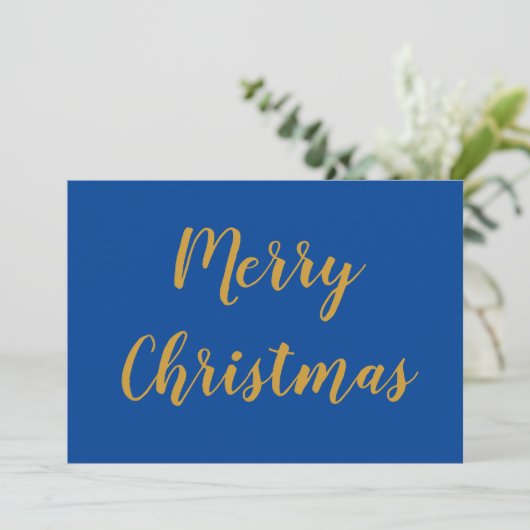 Merry Kerstmis Gold Script Blue Feestdagenkaart (Staand voorkant)