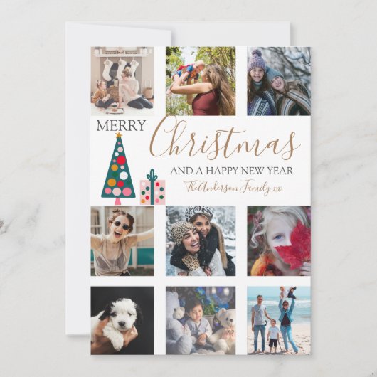 Merry Kerstmis Gold Script Foto Collage White Ho Feestdagenkaart (Voorkant)
