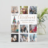 Merry Kerstmis Gold Script Foto Collage White Ho Feestdagenkaart (Staand voorkant)
