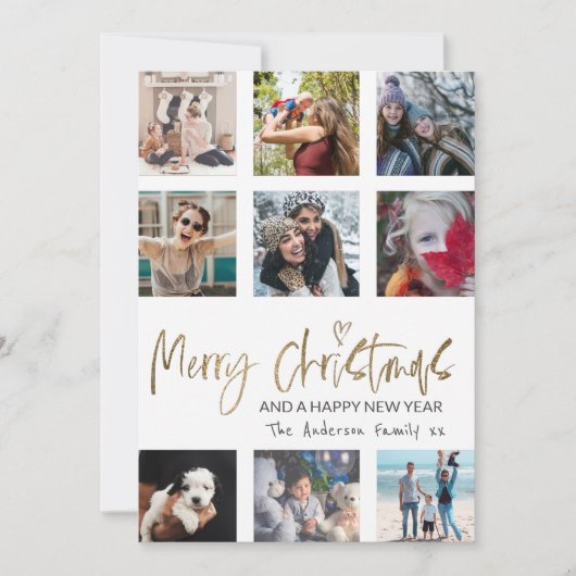 Merry Kerstmis Gold Script Photo Collage White Feestdagenkaart (Voorkant)