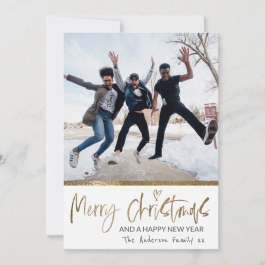 Merry Kerstmis Gold Script Photo Collage White Feestdagenkaart (Voorkant)