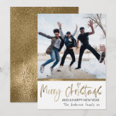 Merry Kerstmis Gold Script Photo Collage White Feestdagenkaart (Voorkant / Achterkant)