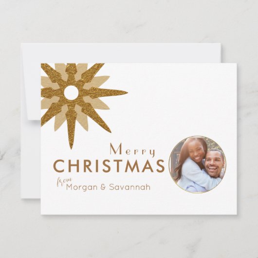 Merry Kerstmis Gold Snowflake Couple Foto Feestdagenkaart (Voorkant)
