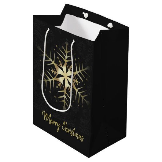 Merry Kerstmis Gold Snowflake Medium Cadeauzakje (Voorkant Gekanteld)