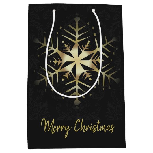 Merry Kerstmis Gold Snowflake Medium Cadeauzakje (Voorkant)