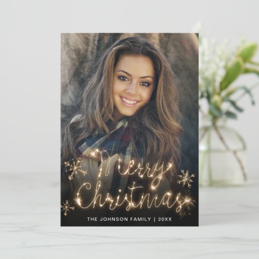 Merry Kerstmis Gold Sparkle Script PHOTO Greep Feestdagenkaart (Staand voorkant)