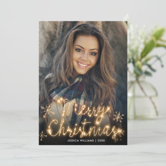 Merry Kerstmis Gold Sparkle Script PHOTO Greep Feestdagenkaart (Staand voorkant)