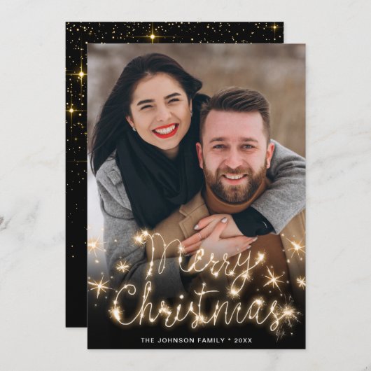 Merry Kerstmis Gold Sparkle Script PHOTO Greep Feestdagenkaart (Voorkant / Achterkant)