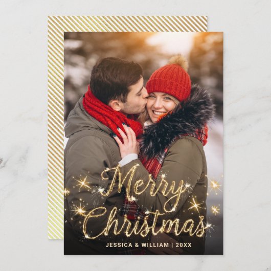 Merry Kerstmis Gold Sparkle Script PHOTO Greep Feestdagenkaart (Voorkant / Achterkant)