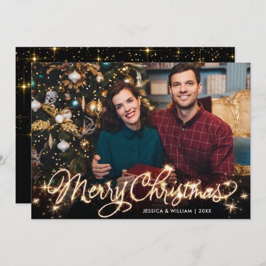 Merry Kerstmis Gold Sparkle Script PHOTO Greep Feestdagenkaart (Voorkant / Achterkant)