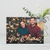 Merry Kerstmis Gold Sparkle Script PHOTO Greep Feestdagenkaart (Staand voorkant)