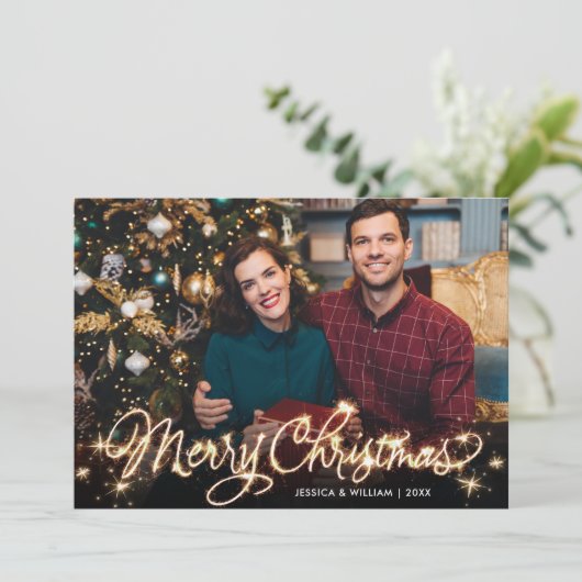 Merry Kerstmis Gold Sparkle Script PHOTO Greep Feestdagenkaart (Staand voorkant)